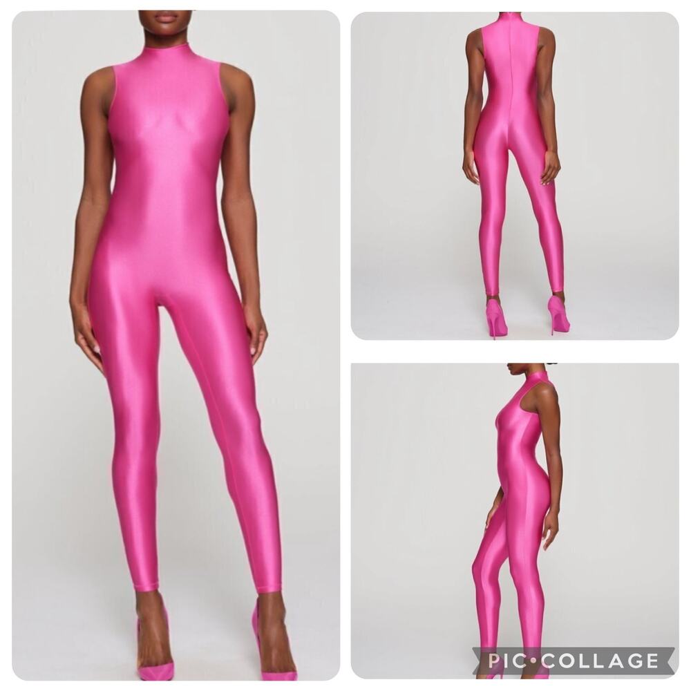 SKIMS Size 2X Shine Spandex Catsuit Jersey Mock Neck Sleeveless Catsuit Hot Pink